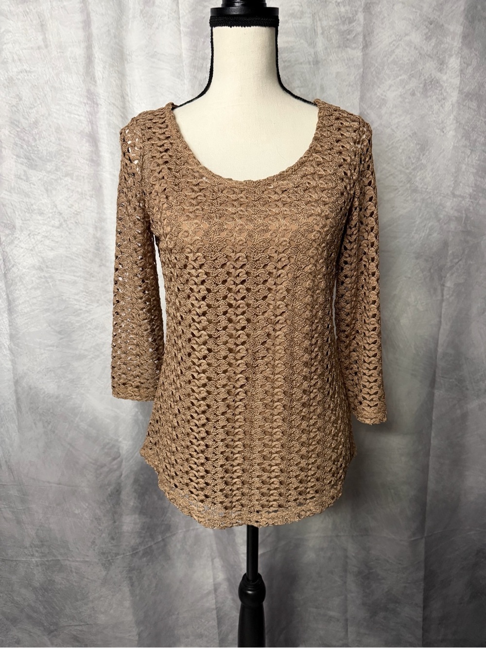 JM Collection Open-Knit Scoop Neck Pullover - Tan